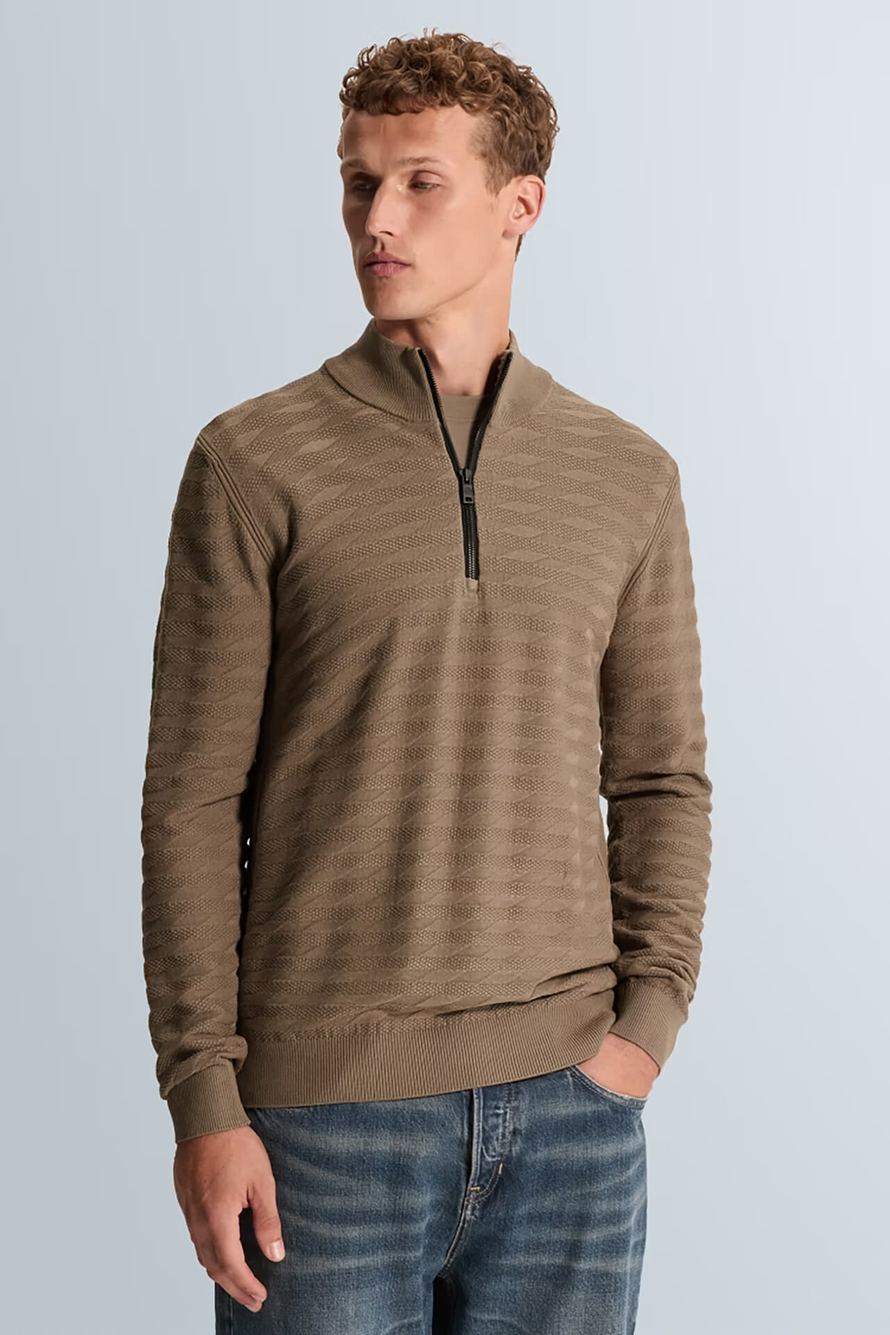 Cast Iron Half-zip Trui comfort slim fit  Bruin
