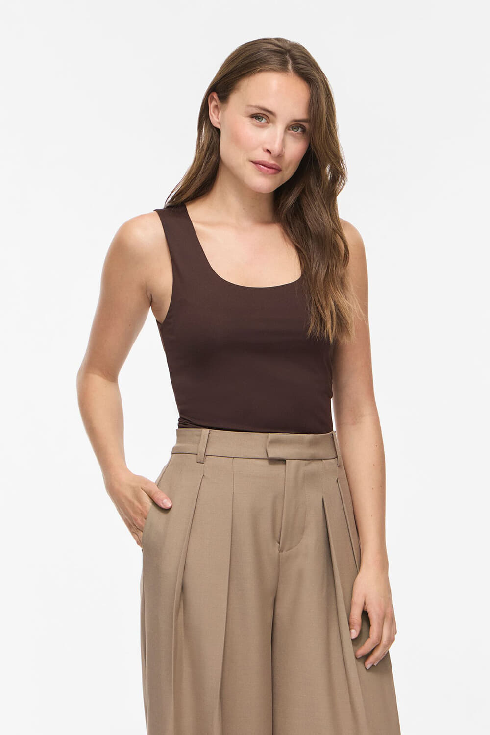 Vila VIKENZA U-NECK S/L TANK TOP REV - N Bruin