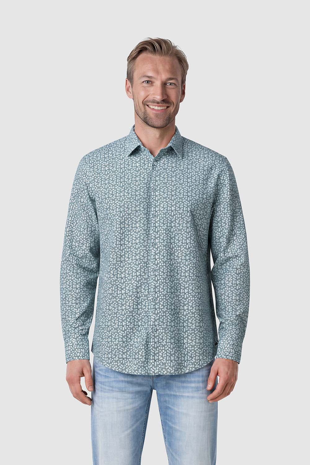 No Excess Overhemd Allover Printed Stretch  Blauw