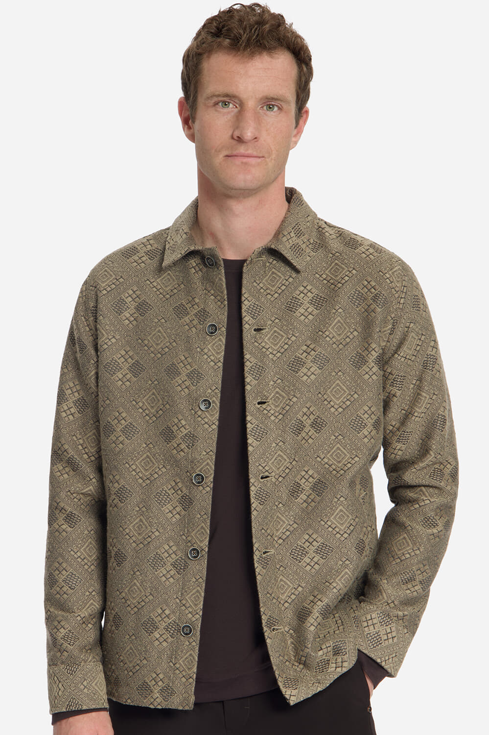 No Excess Overshirt Full Button Jacquard Taupe