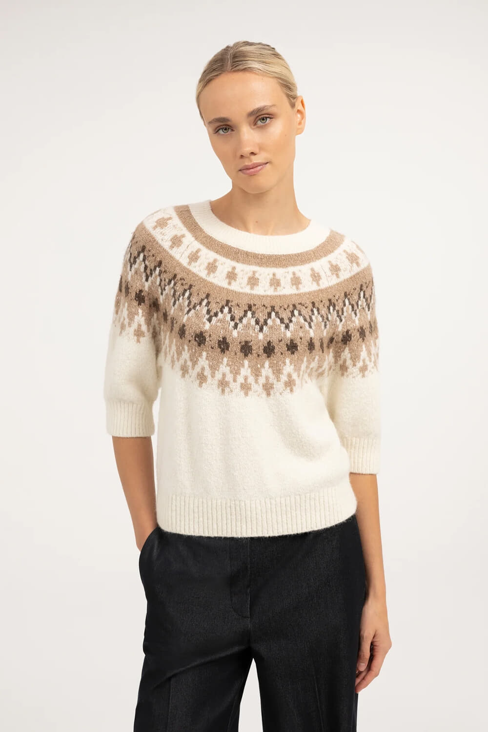 Yaya Trui Gebreide met Noors Jacquardpatroon Beige