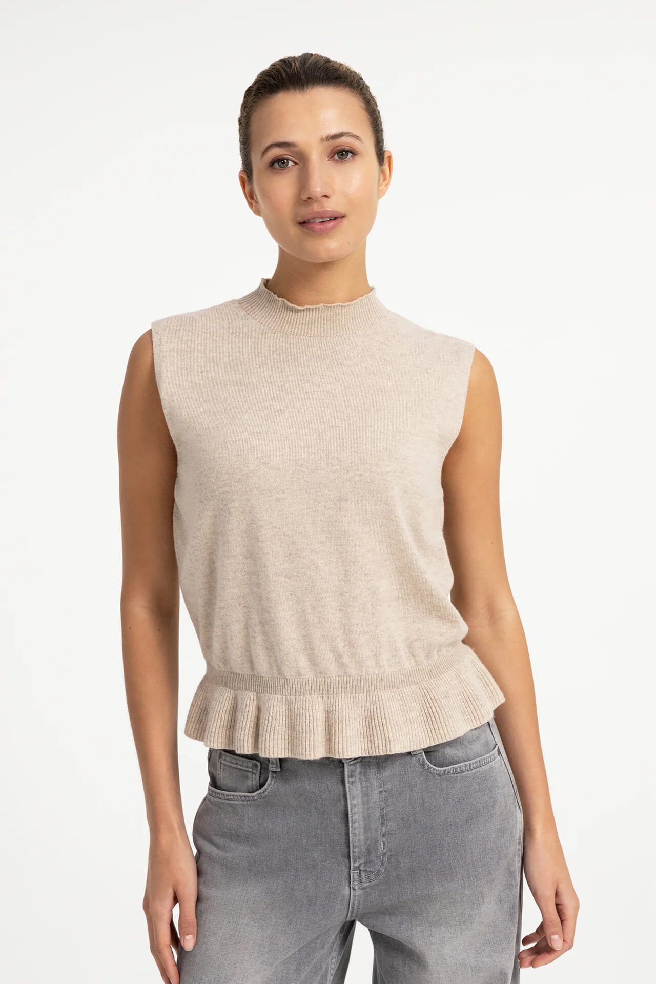 Yaya Mouwloze gebreide trui met ruc Beige