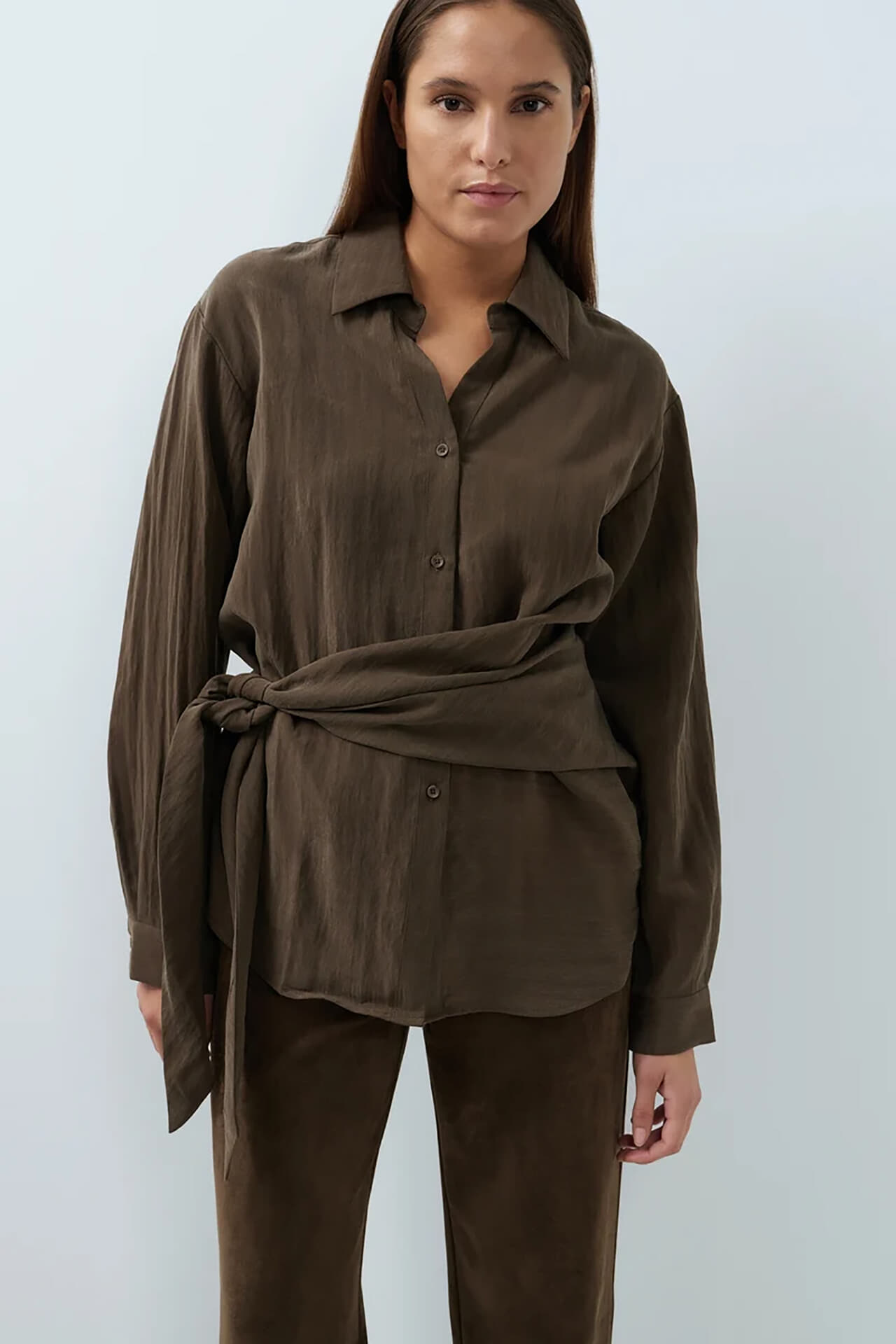 Yaya Blouse met lange mouwen en kno Bruin