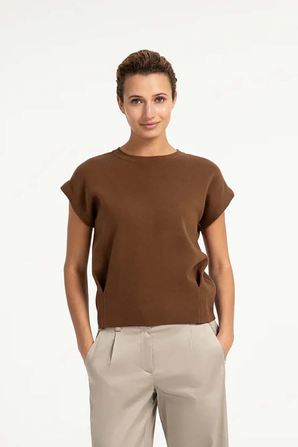 Yaya Mouwloze jacquard trui Bruin