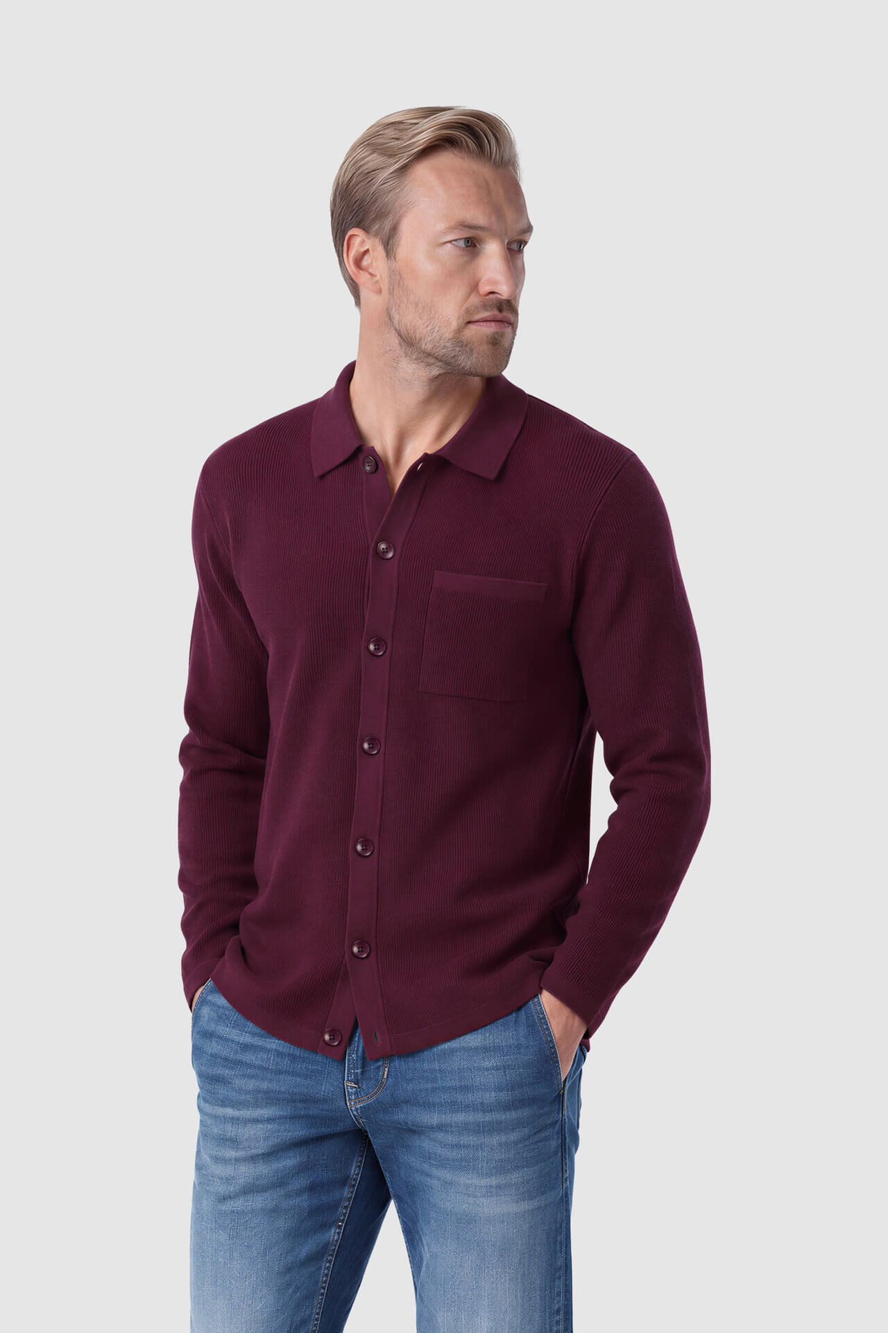  Overshirt Aksvend Needle Rib Bordeaux Rood