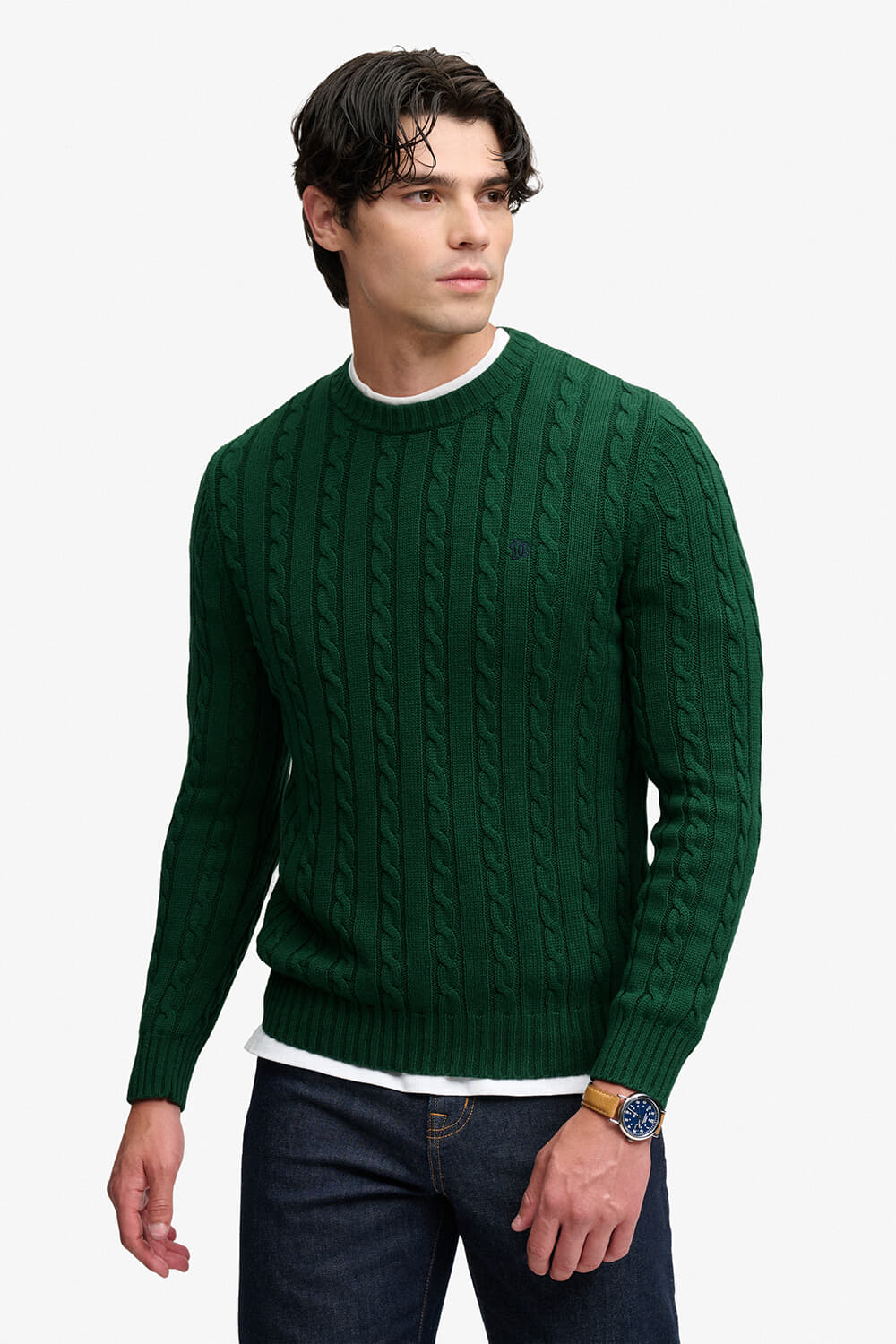Superdry & Co Kabelgebreide Trui Crew Katoen Groen