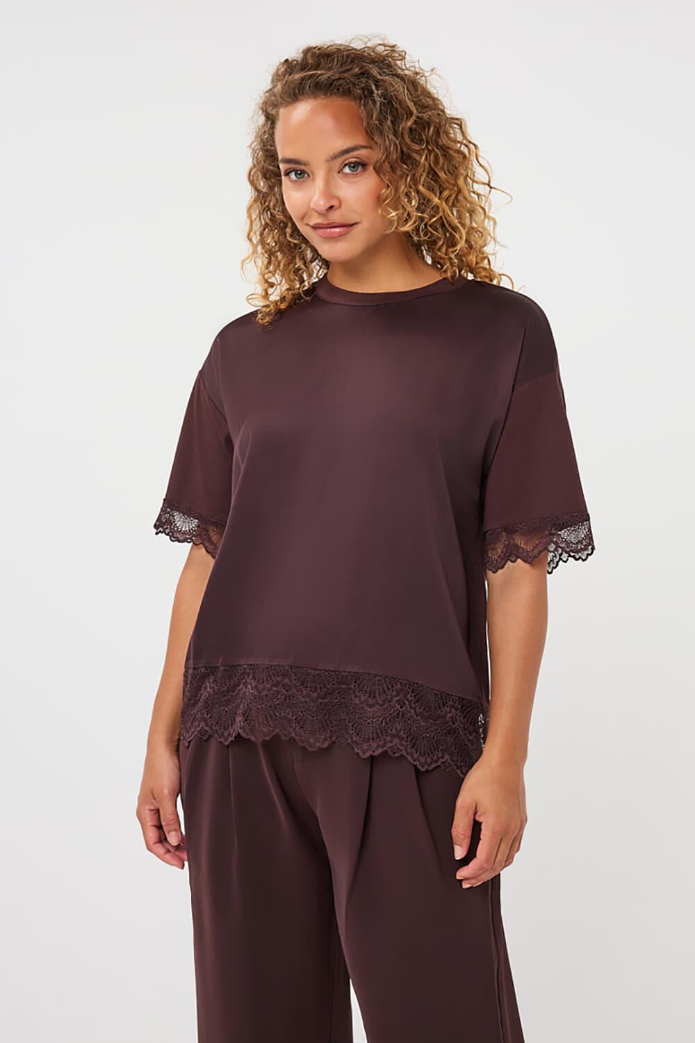 Esqualo T-shirt lace satin Bruin