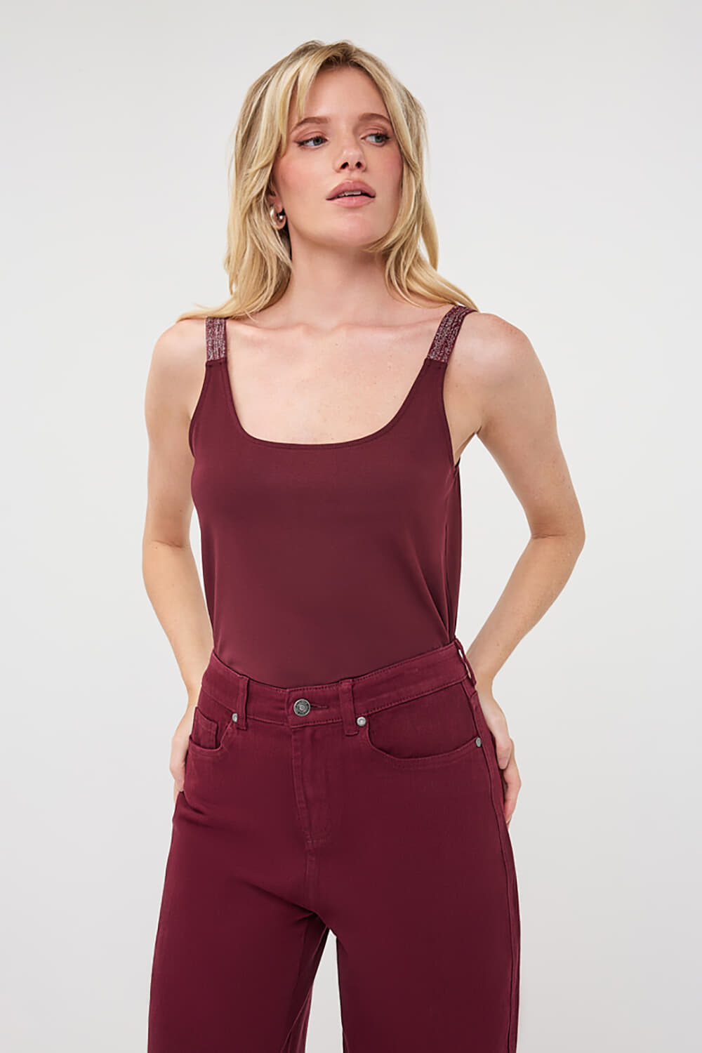 Esqualo Singlet Lurex Straps Bordeaux Rood
