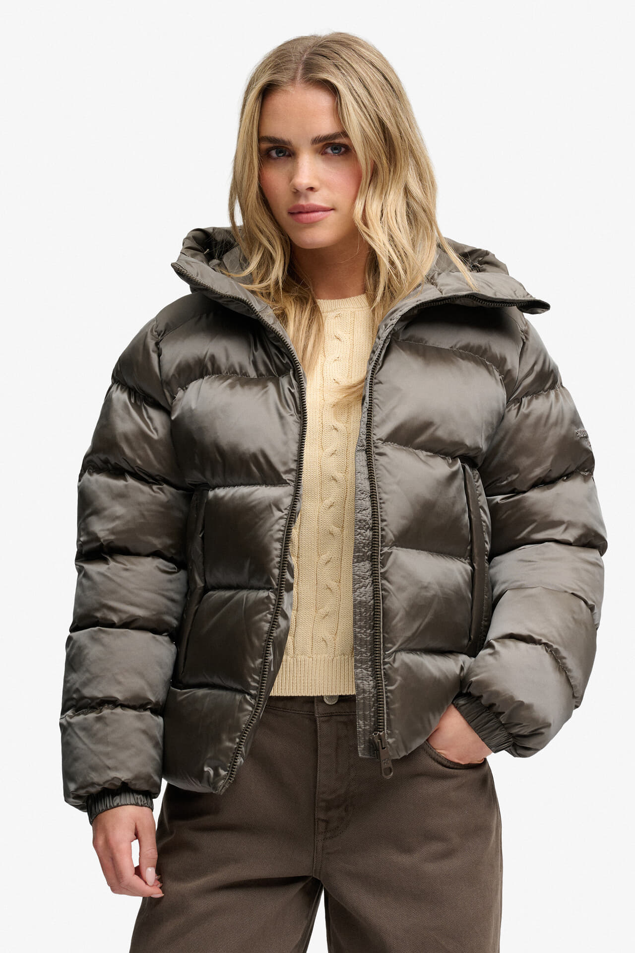 Superdry & Co Puffer Jas Shine Hooded Slimfit Antraciet