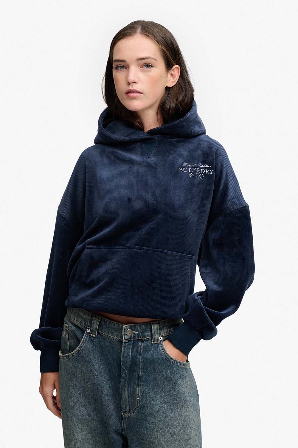 Superdry & Co Hoodie Drop Needle Velour Relaxed  Navy