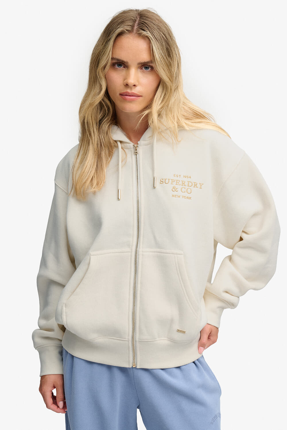 Superdry & Co Hoodie Luxe met Bontkraag en Rits Off White