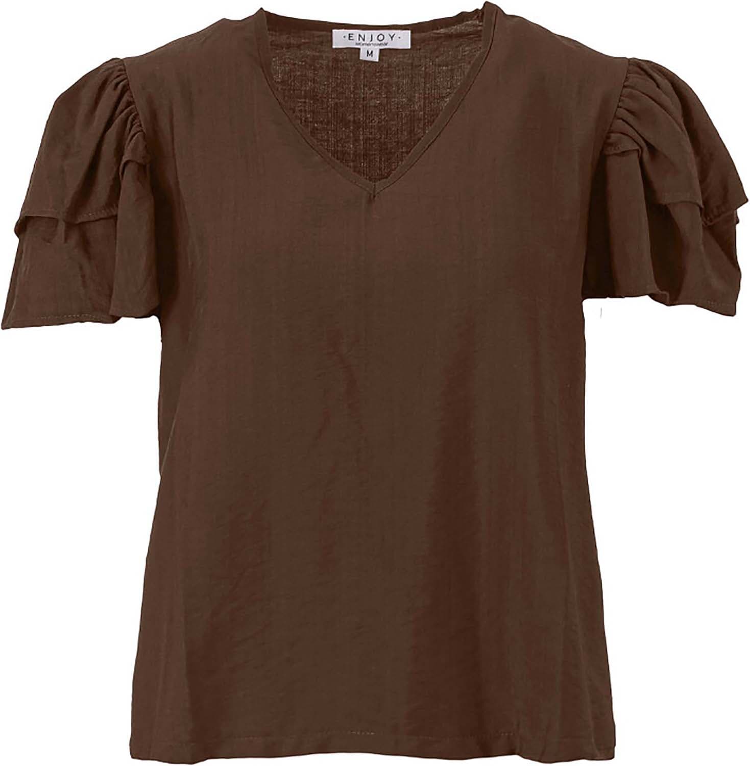 Enjoy Top v-hals korte frill mouw Bruin