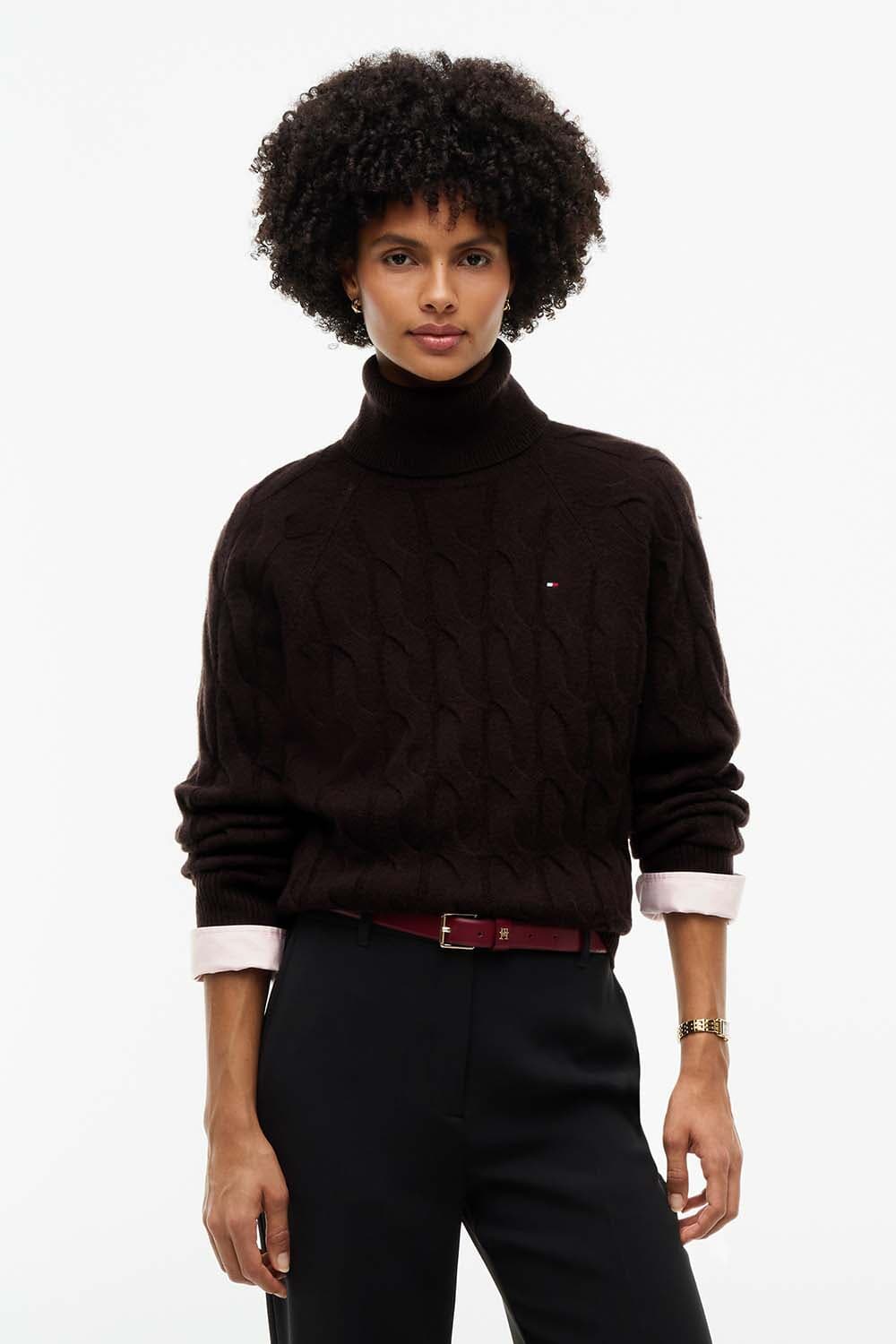 Tommy Hilfiger Coltrui Kabel Zacht Wol Bruin