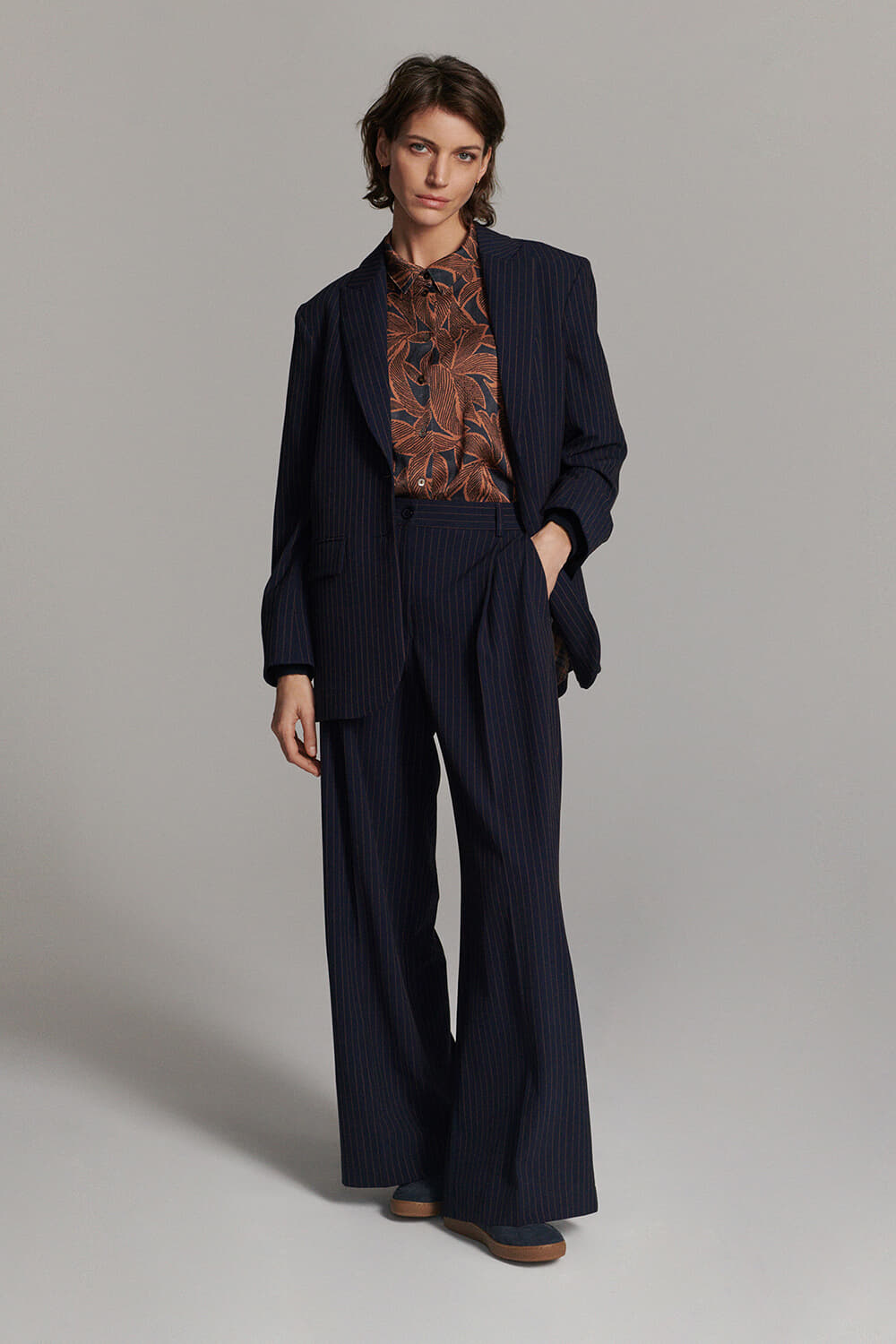 Summum Broek Streep Wide Leg Viscose Blend Jeans donker