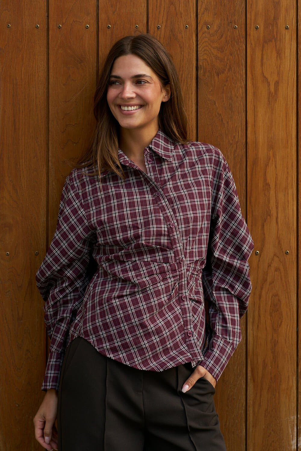 Neo Noir Blouse Neoella Medium Check Bordeaux Rood
