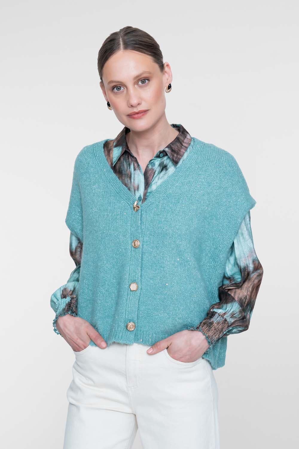 Geisha Gebreid Gilet with buttons Aqua