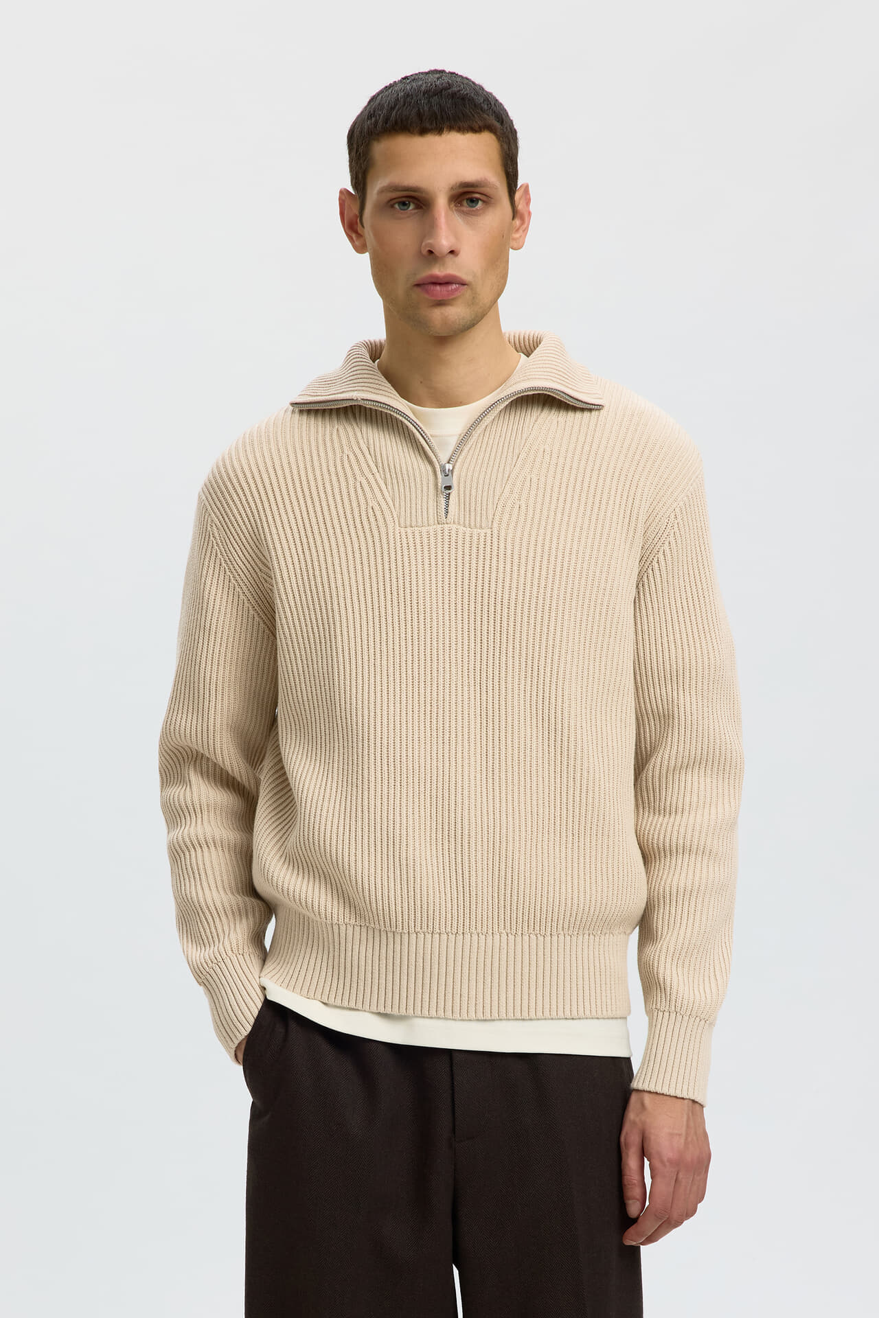 Selected Homme Gebreide Half-zip Trui Dry Rlx Beige