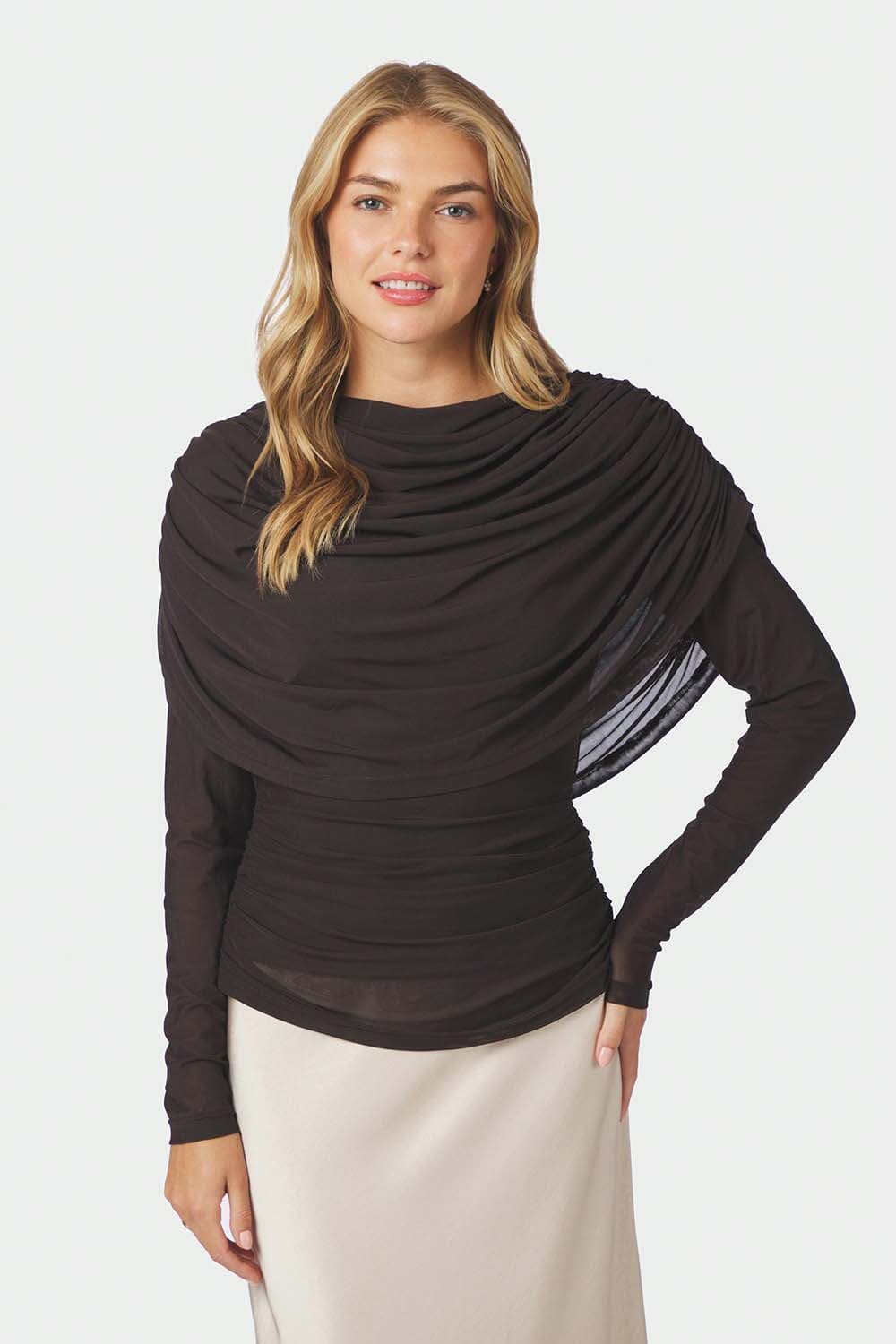 Neo Noir Blouse Lottuna Drapy Mesh Donker Bruin