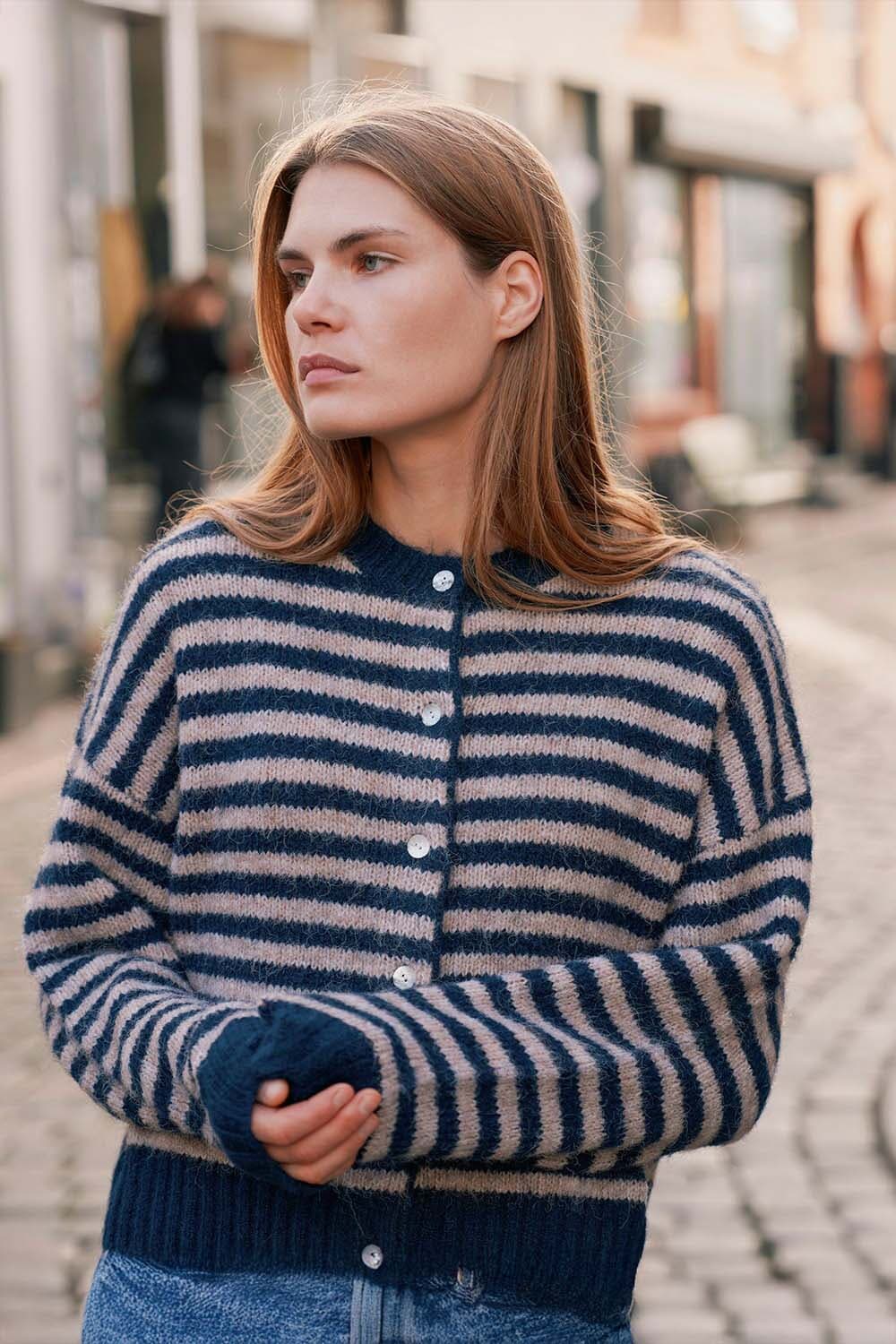 Neo Noir Isana Stripe Fluffy Knit Cardigan Navy