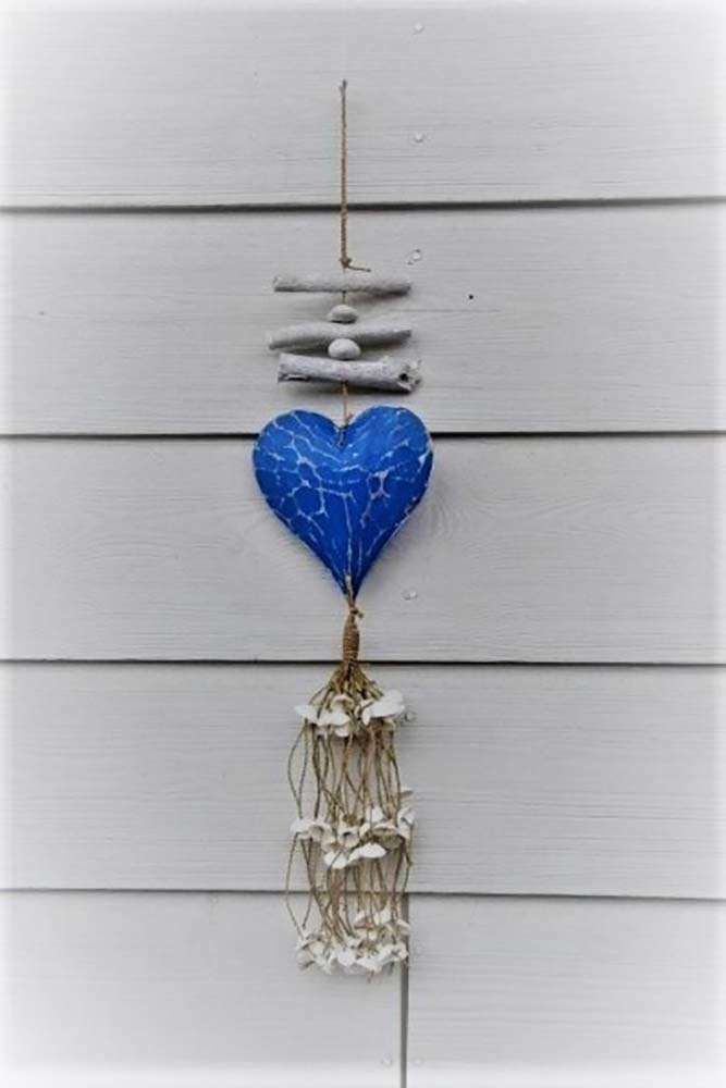 Hanger lichtblauw hart + schelpen H70cm Blauw