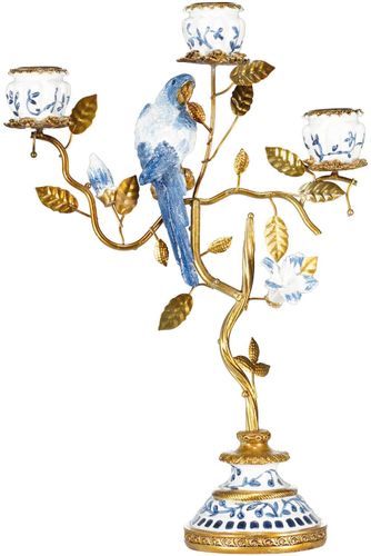 Bomont Collection Candle Holder parrots blue/white, poly/metal 9x22x Blauw