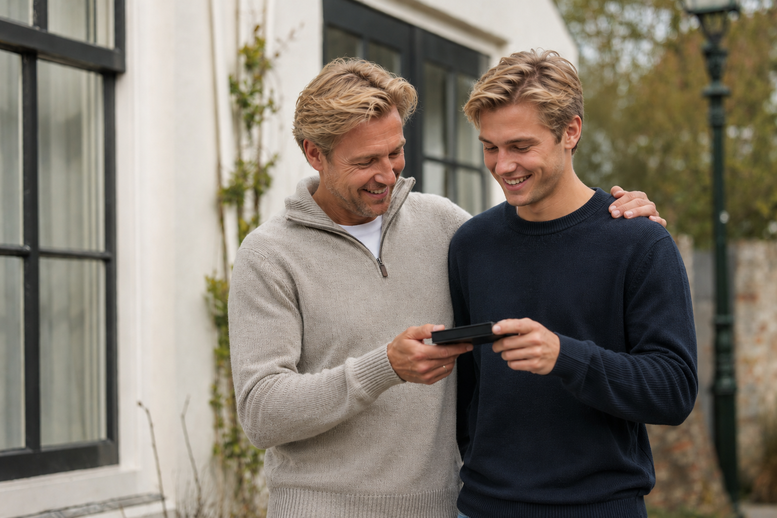 Twee mannen bekijken samen een giftcard.
