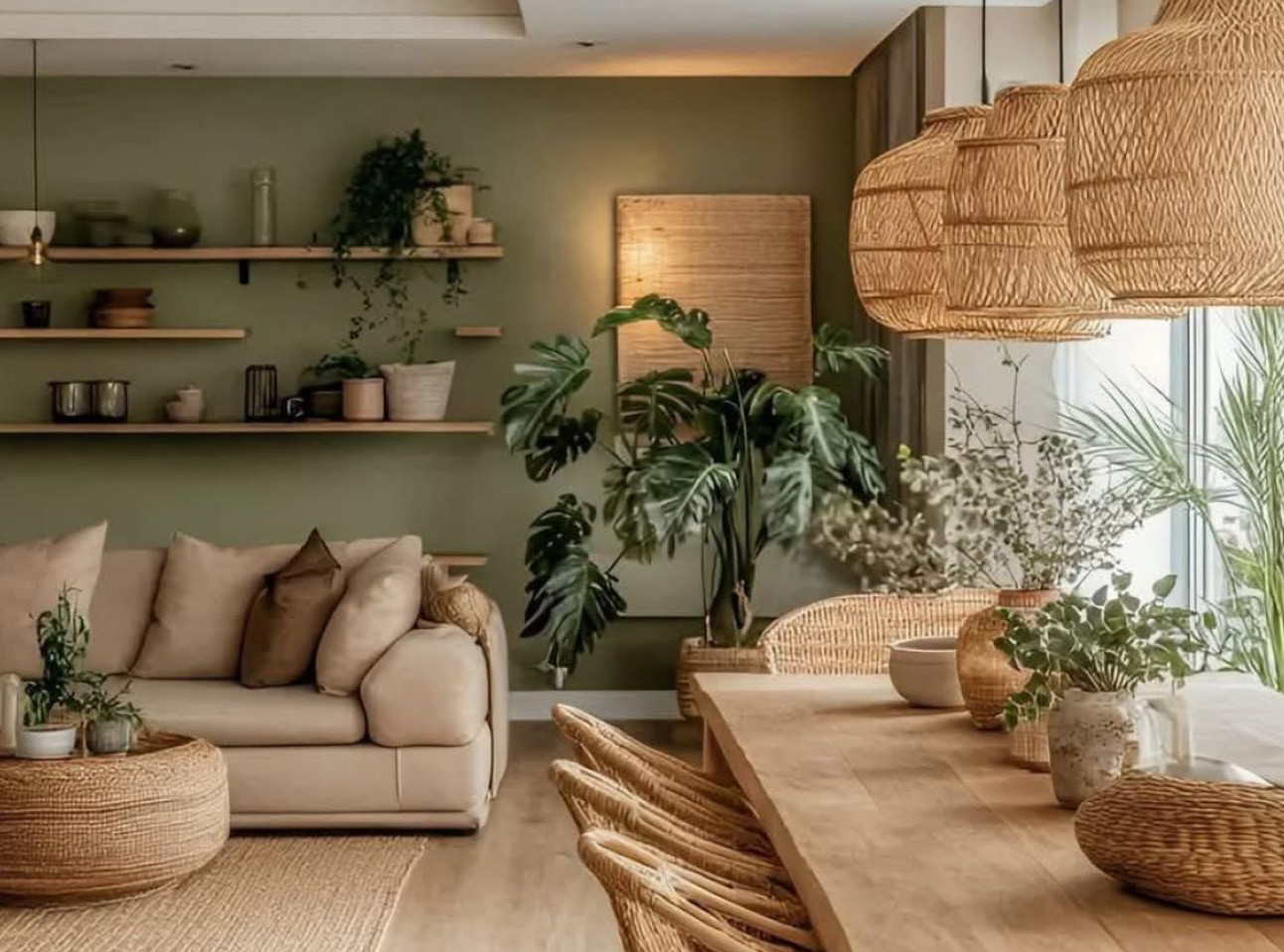 Warme, natuurlijk ingerichte woon- en eetkamer met olijfgroene muren, een beige bank en een lange houten eettafel met gevlochten stoelen. Grote rotan hanglampen, kamerplanten, wandplanken en decoratieve manden zorgen voor een rustige, aardse uitstraling.
