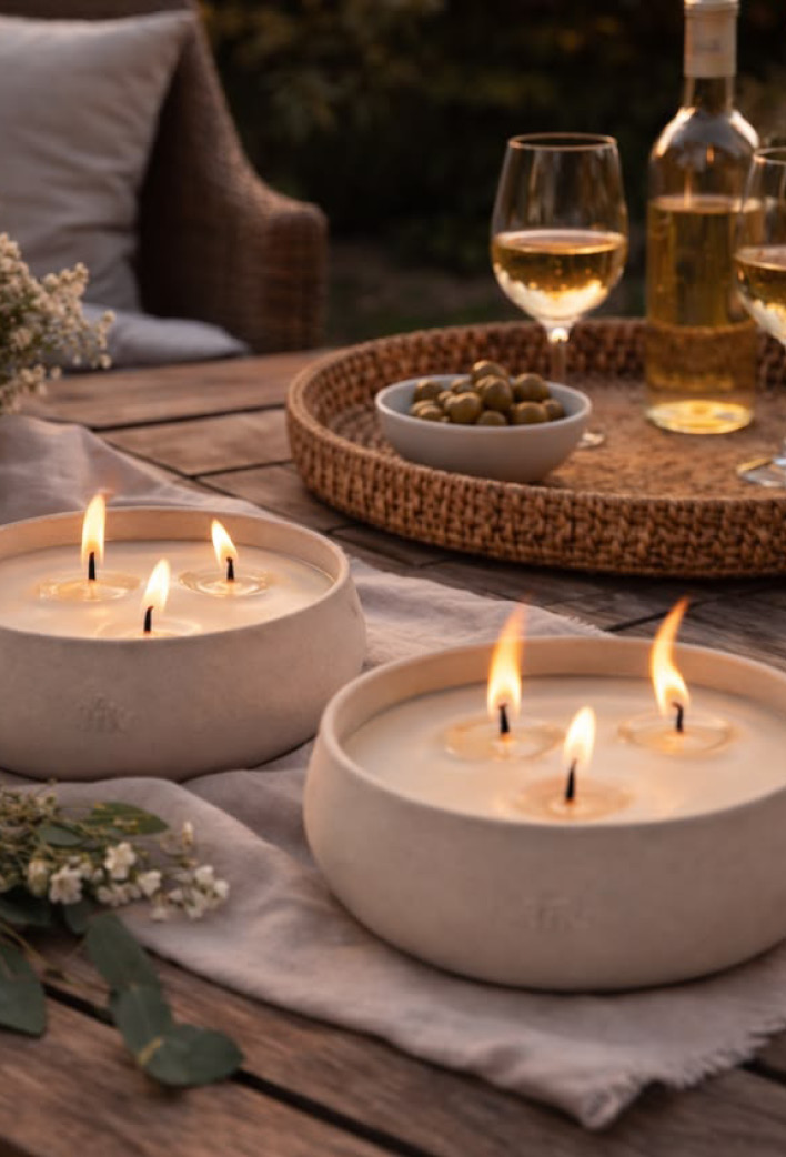Sfeervolle buitentafel met twee grote crèmekleurige kaarsen met meerdere brandende lonten. Op de houten tafel staan ook een gevlochten dienblad met olijven, wijnglazen en een fles, omringd door zachte stoffen en kleine witte bloemen.