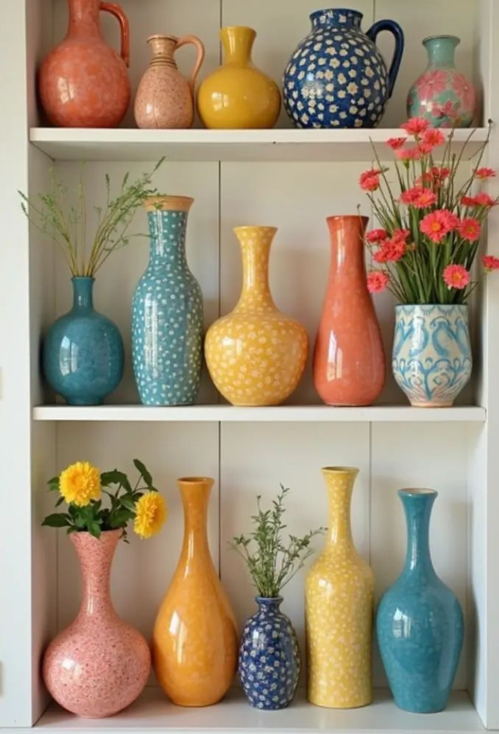 Witte kast met drie planken vol kleurrijke keramische vazen in verschillende vormen en maten, in tinten roze, geel, blauw, turquoise en oranje. Enkele vazen bevatten bloemen en groene takken.