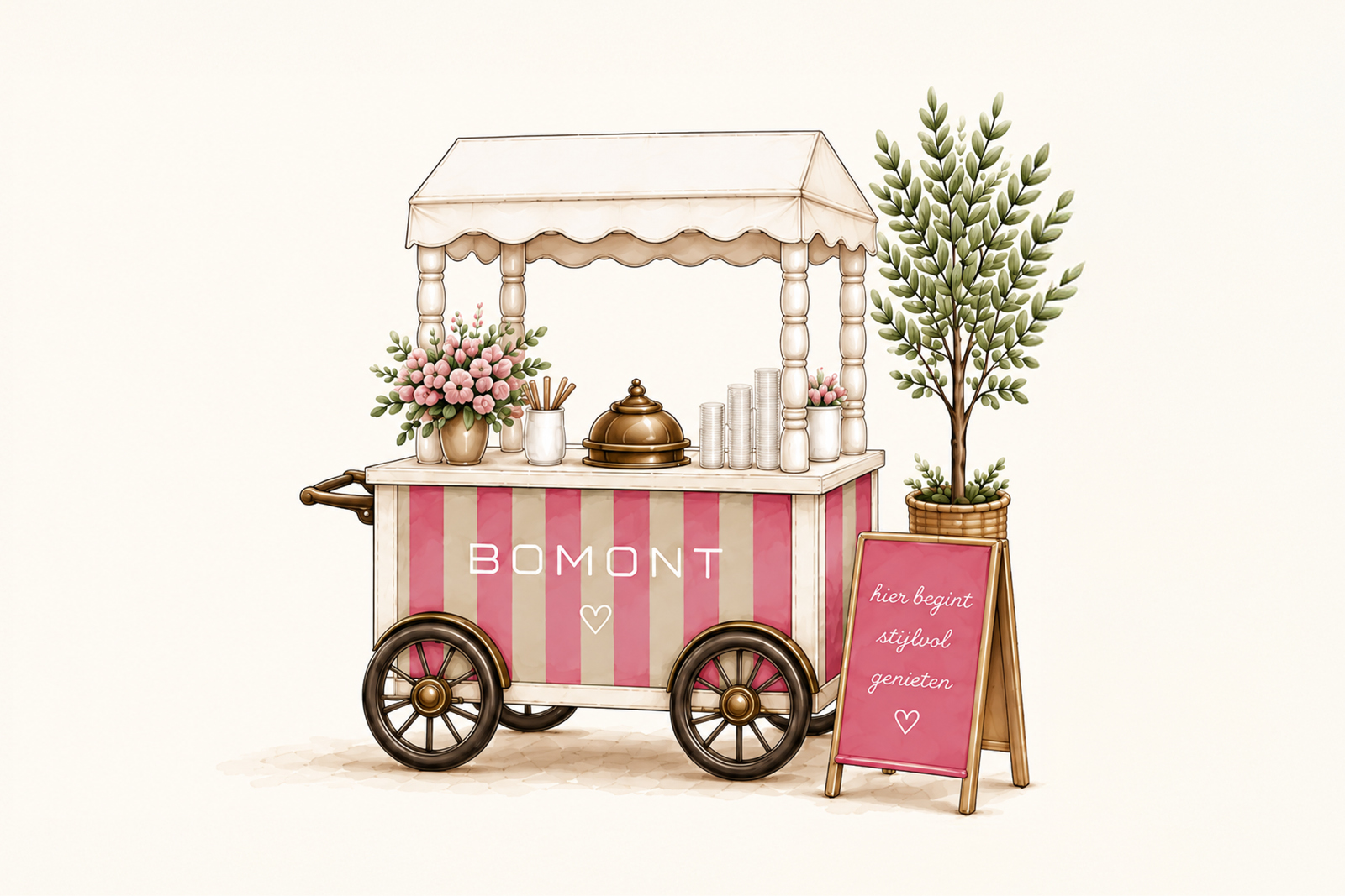 llustratie van een roze gestreepte BOMONT-marktkraam met bloemen, decoratie en een welkomstbord.
